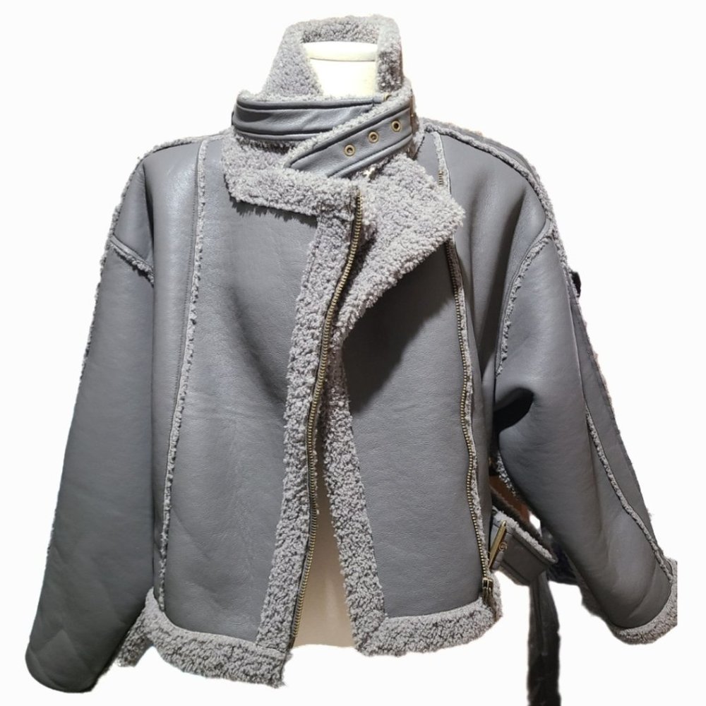 STAND STUDIO sz2/4/6 Grey Faux Shearling Leather Mixed Media Moto Jacket